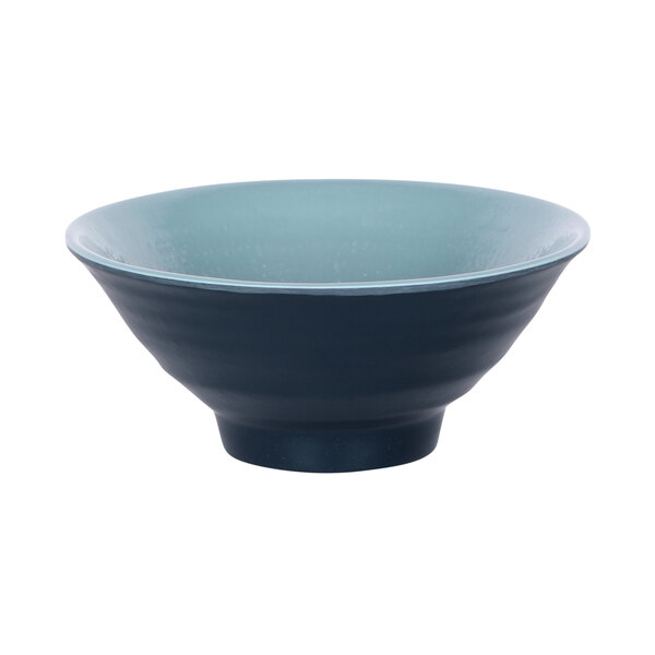 Abyss and lapis blue round melamine bowl with a black base.