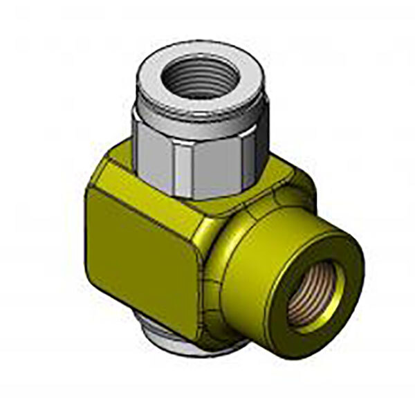 A green and silver threaded valve with a yellow nut.