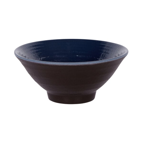 A close-up of an Elite Global Solutions Durango melamine bowl with a dark blue rim and black base.