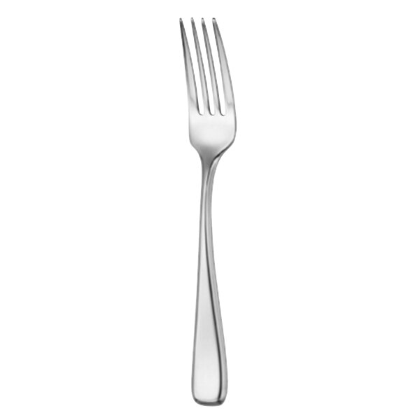 A close-up of a Oneida Perimeter stainless steel salad fork with a silver handle.