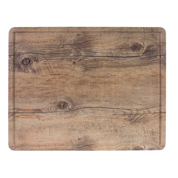 An Elite Global Solutions faux driftwood melamine serving board with a wooden surface and handle.