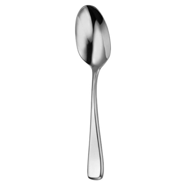 A close-up of a Oneida Perimeter stainless steel tablespoon with a silver handle.