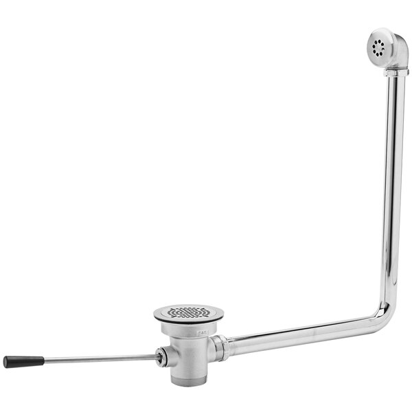 A T&S chrome lever waste valve with short handle and overflow tube attached to a silver pipe.