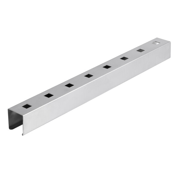 A stainless steel metal bar with holes.
