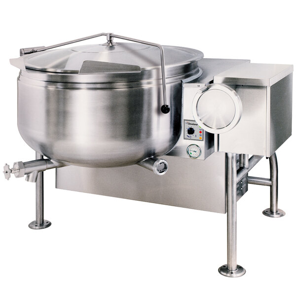 A Cleveland 40 gallon stainless steel steam kettle with a lid.