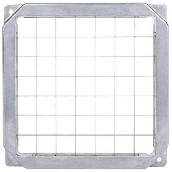 A metal grid with square holes.