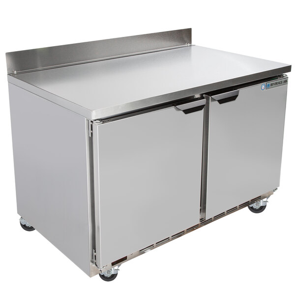 A Beverage-Air stainless steel worktop refrigerator with two doors on wheels.