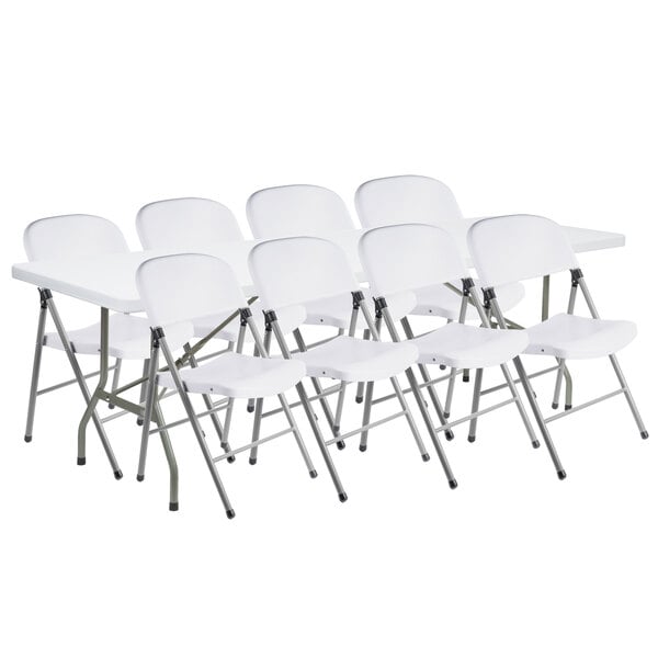 Lancaster Table & Seating 30" x 96" Granite White Heavy-Duty Blow Molded Plastic Folding Table with 8 White Folding Chairs