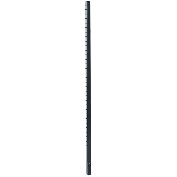 A long black metal pole with white lines on a white background.
