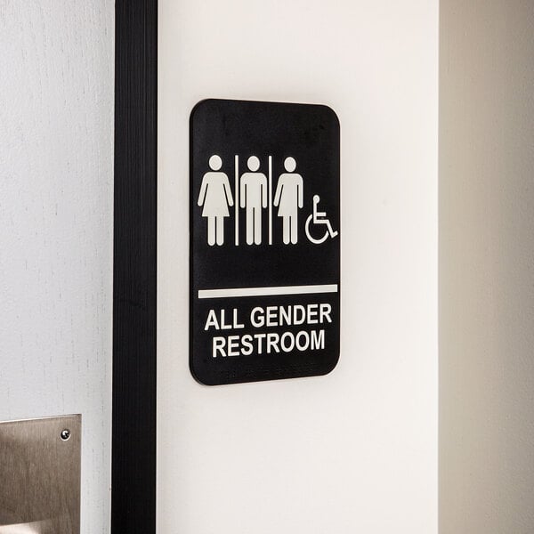 A Tablecraft ADA restroom sign with all gender and braille on it.