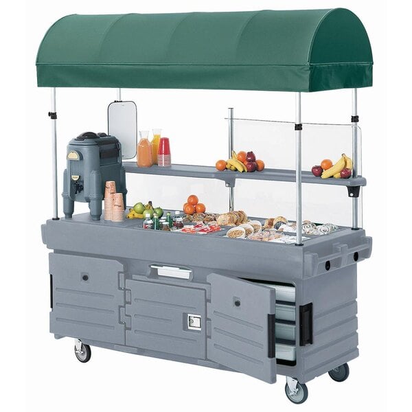 A granite grey Cambro vending cart with a green canopy over 6 pan wells.