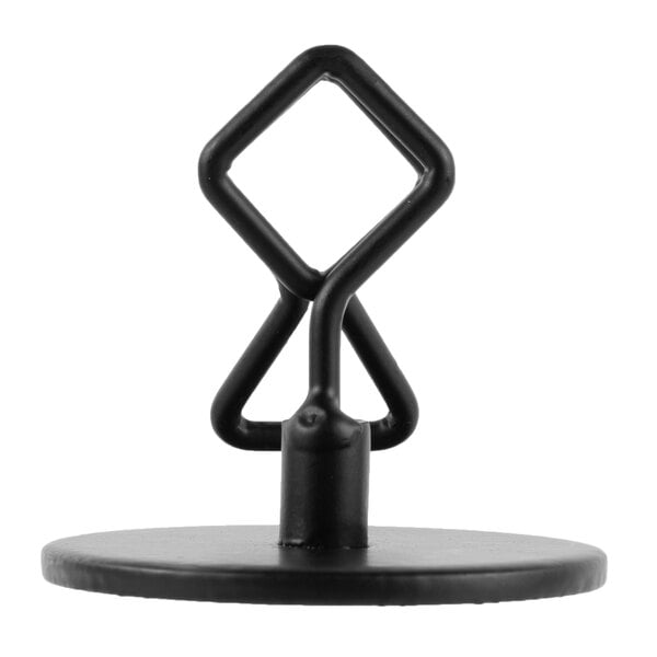 A Tablecraft black metal menu / card holder with a round base and a diamond shaped clip.