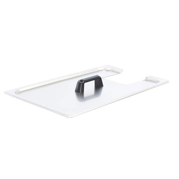 A clear rectangular lid with a black handle.