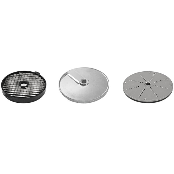 A group of circular metal graters with different hole sizes.
