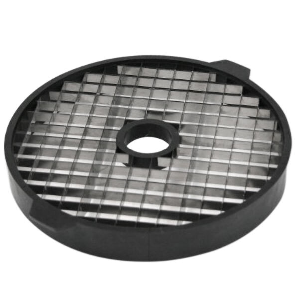 A circular metal grid for dicing with a silver edge.