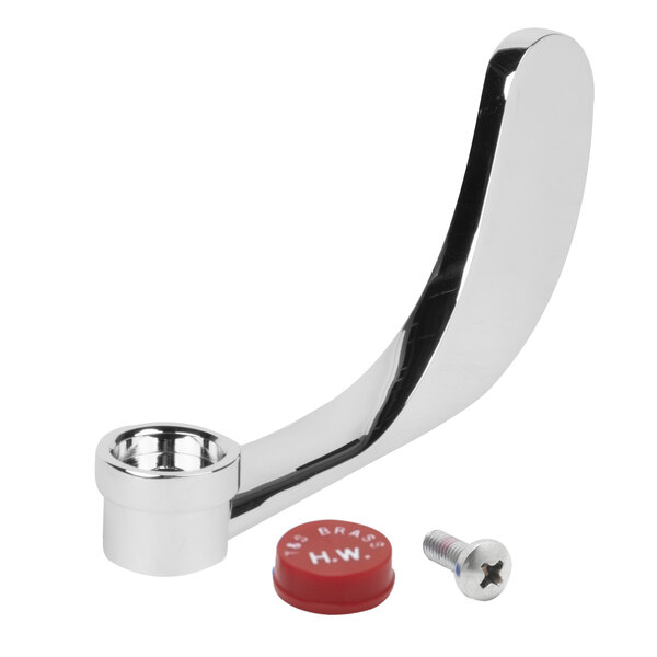 A T&S chrome wrist action handle with a red index button and screw.