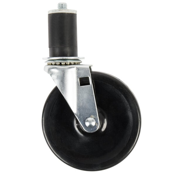 A black caster wheel with a metal plate.