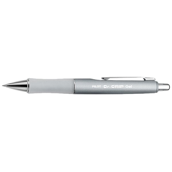 A Pilot Dr. Grip LTD pen with a platinum barrel and black tip.
