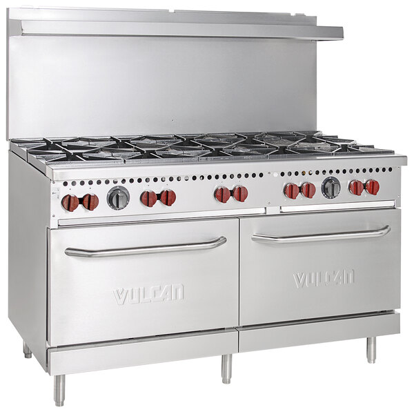 A large stainless steel Vulcan SX Series range with 10 burners and 2 ovens.