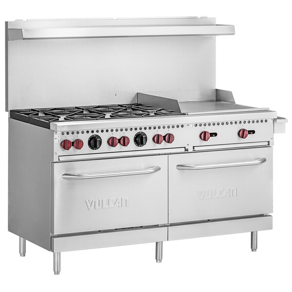 A large stainless steel Vulcan commercial gas range with 6 burners, a 24" griddle, and 2 ovens.