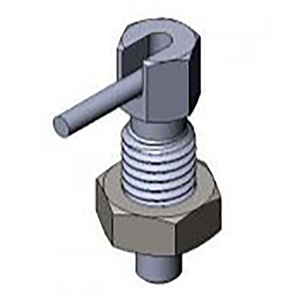 A close-up of a T&amp;S table leg hose reel swing bracket spring-loaded lock nut and bolt.