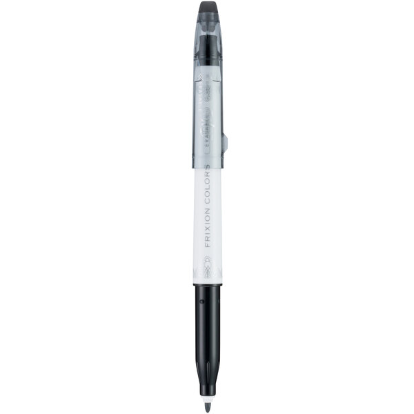 A close-up of a Pilot FriXion pen with a white barrel and black cap.