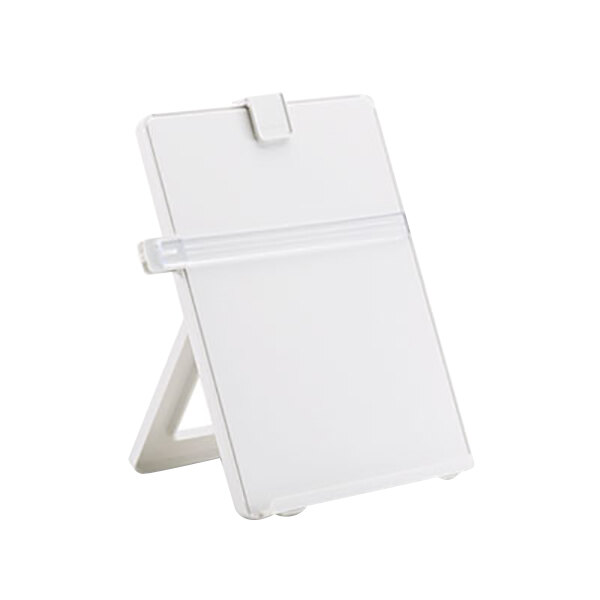 A white rectangular Fellowes desktop copyholder with a clip on it.
