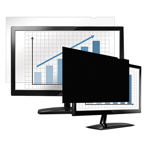 A computer monitor with a Fellowes PrivaScreen showing a graph.