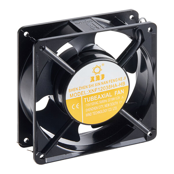 A black Avantco radiator fan with a yellow label.