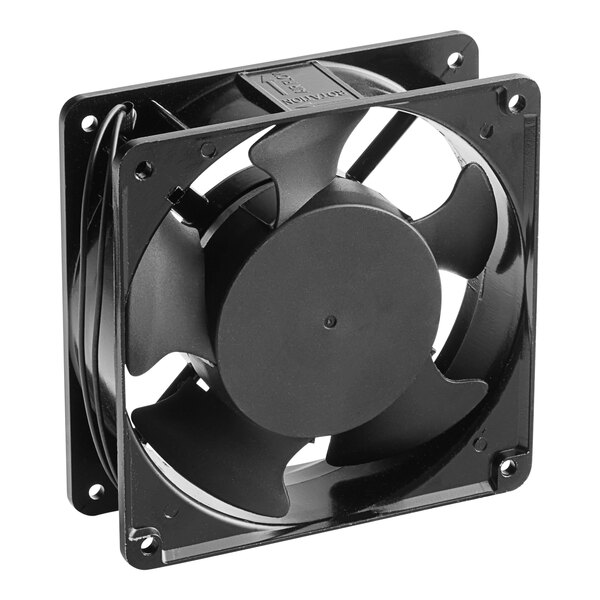 An Avantco radiator fan with wires on a white background.