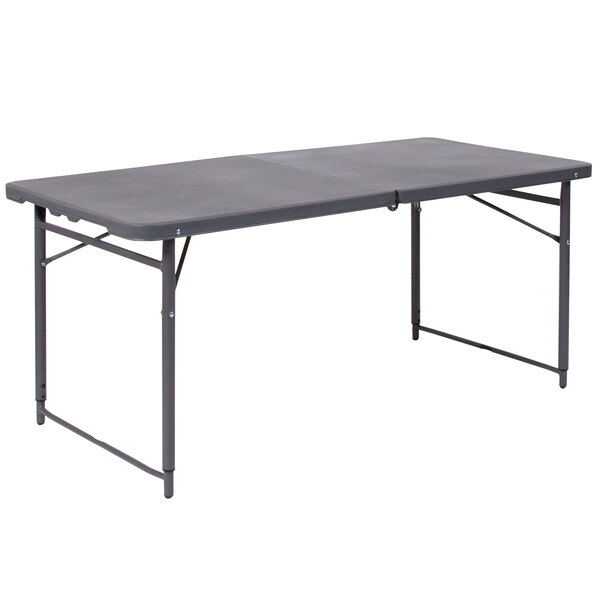 A Flash Furniture rectangular dark gray plastic folding table with metal legs.