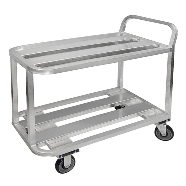 A silver metal Winholt stock cart with wheels.