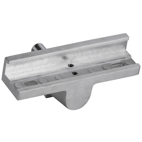 A stainless steel carriage assembly for an Avantco meat slicer with screws.