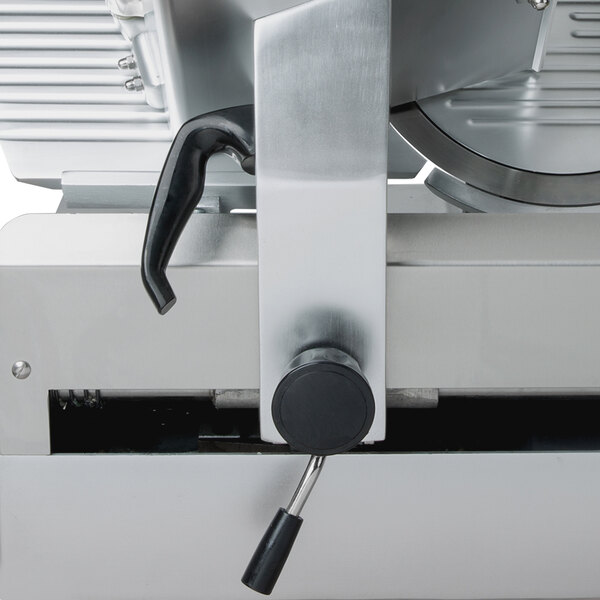 A metal manual handle for an Avantco meat slicer.