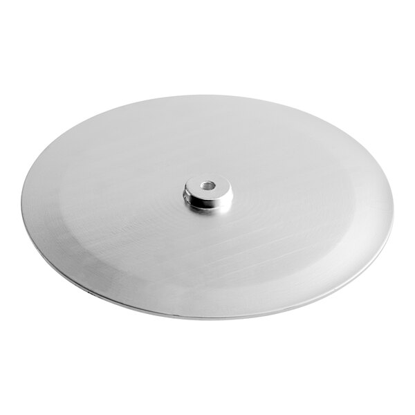 A stainless steel Avantco blade cover with a silver circular nut.