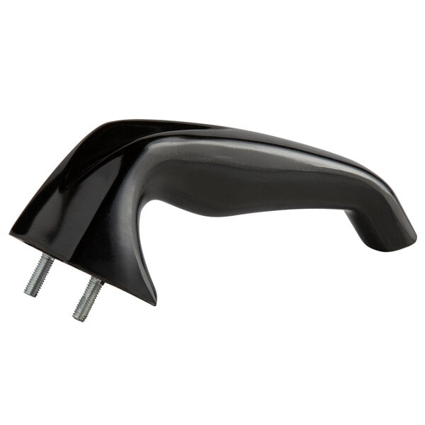 A black plastic handle with a curved edge and a screw on it.