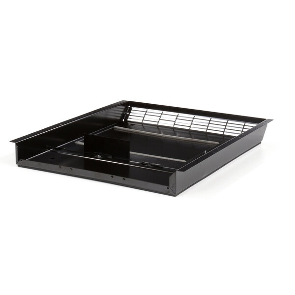 A black metal basepan with a metal gasket on a counter.