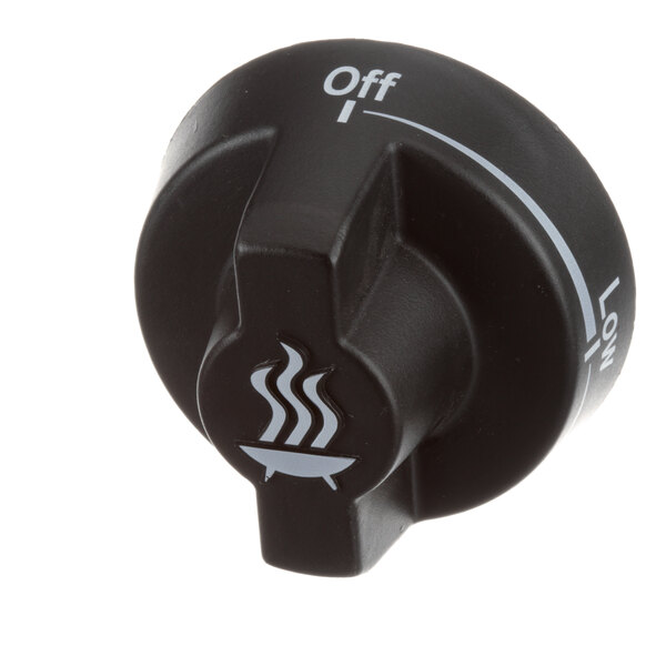A black Evo control knob with white text and a hot symbol.