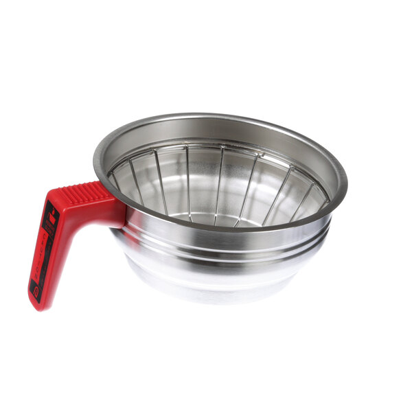A stainless steel Newco brew basket with a red handle.
