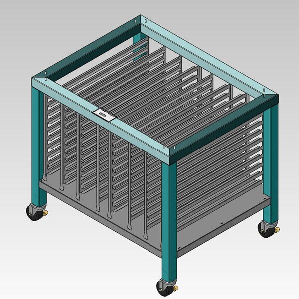 A stainless steel Alto-Shaam mobile rack with pan slides and shelves on wheels.