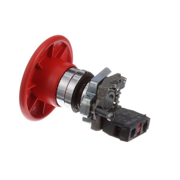 A red and silver Hardt round push button switch.