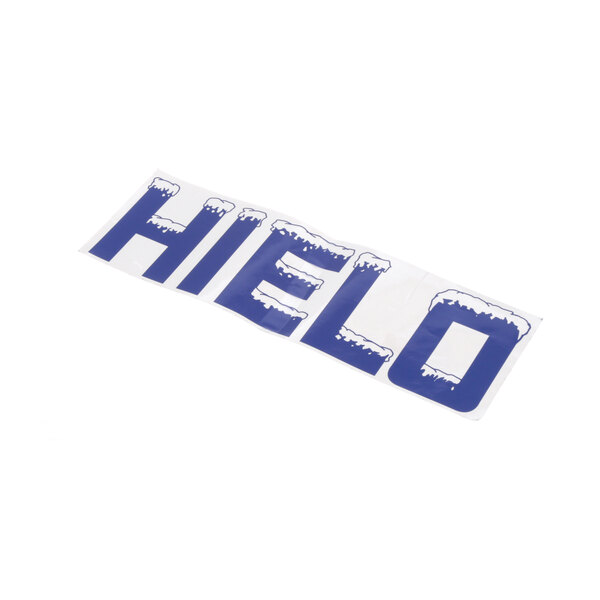 A white sign with blue lettering that says "Hello" and has snow on it.