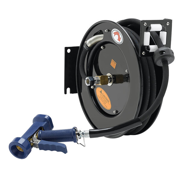 A black Equip by T&S hose reel with a blue hose attached.