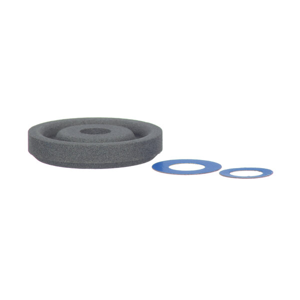 A grey round washer with a blue circle on it.