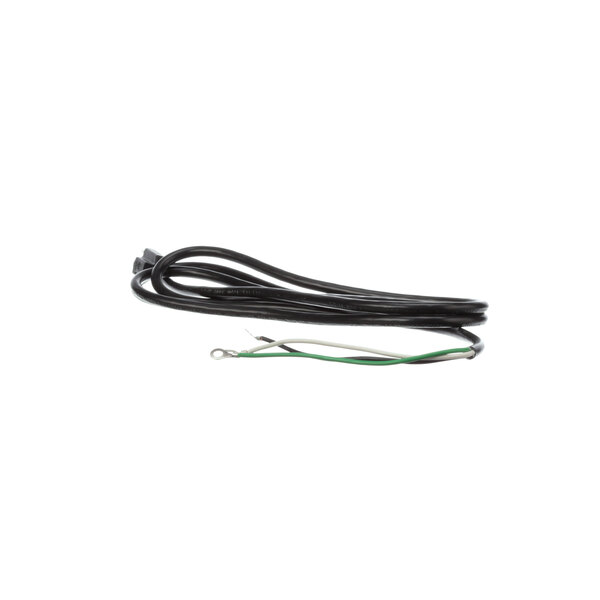 A black power cord with green and white wires.