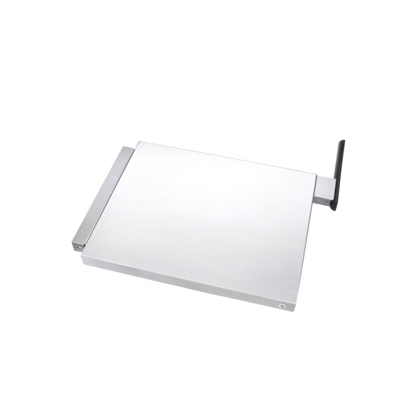 A white rectangular metal plate with a metal handle.