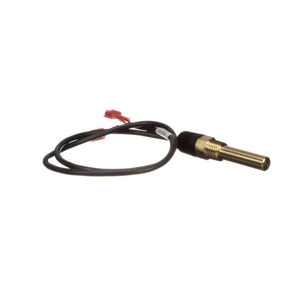 A black cable with a red wire and a black connector and a black wire with a gold metal connector.
