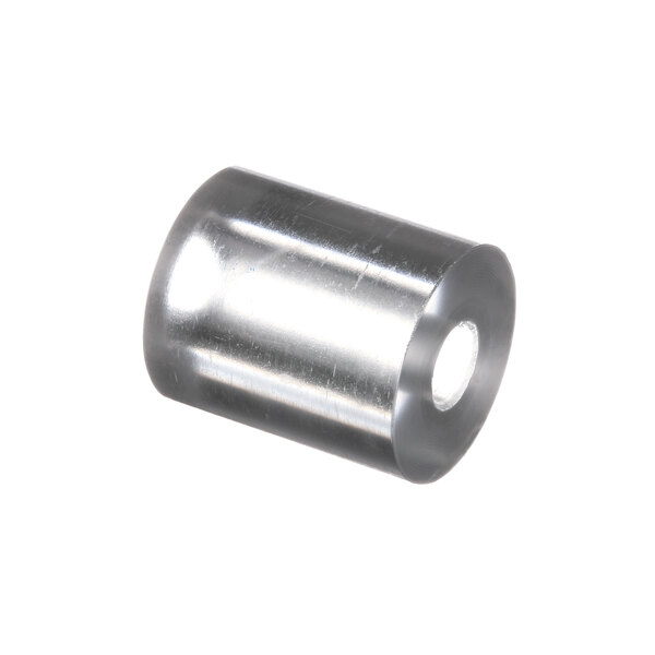 A silver metal cylindrical stand off with a hole in it.