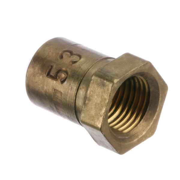 A close-up of a brass orifice nut with a threaded screw.