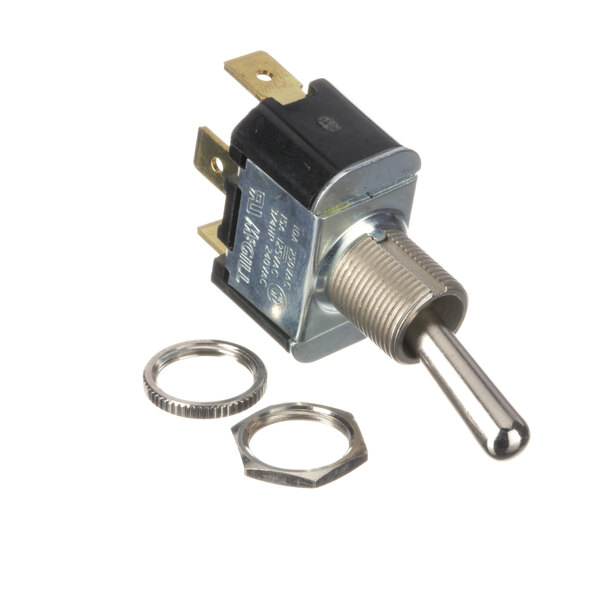 A Broaster 11766 toggle switch with metal rings and a metal handle.